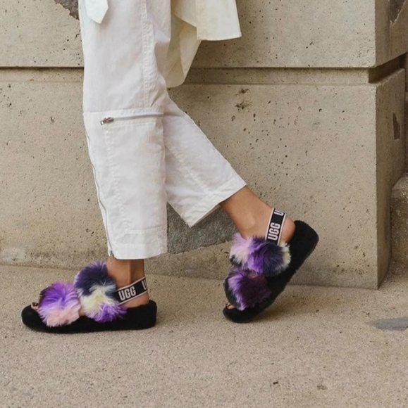 🥿Ugg Oh Yeah Fluff Yeah Black Purple Pink Tie-Dye Fur Slides Slippers 10 - Picture 2 of 8